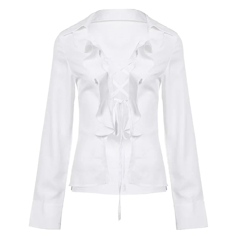 Ruffles Bandage Blouses Sexy Long Sleeve Slim Fit Casual Women Shirts Elegant Designed All-matched White Autumn Blouses
