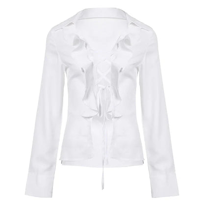 Ruffles Bandage Blouses Sexy Long Sleeve Slim Fit Casual Women Shirts Elegant Designed All-matched White Autumn Blouses