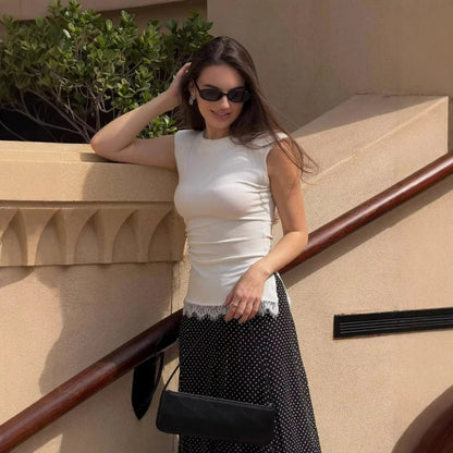 Slimming Form-fitting T-shirt for Women Summer New Style Fashionable Simple Elegant American Retro Lace Solid Color Tank Top