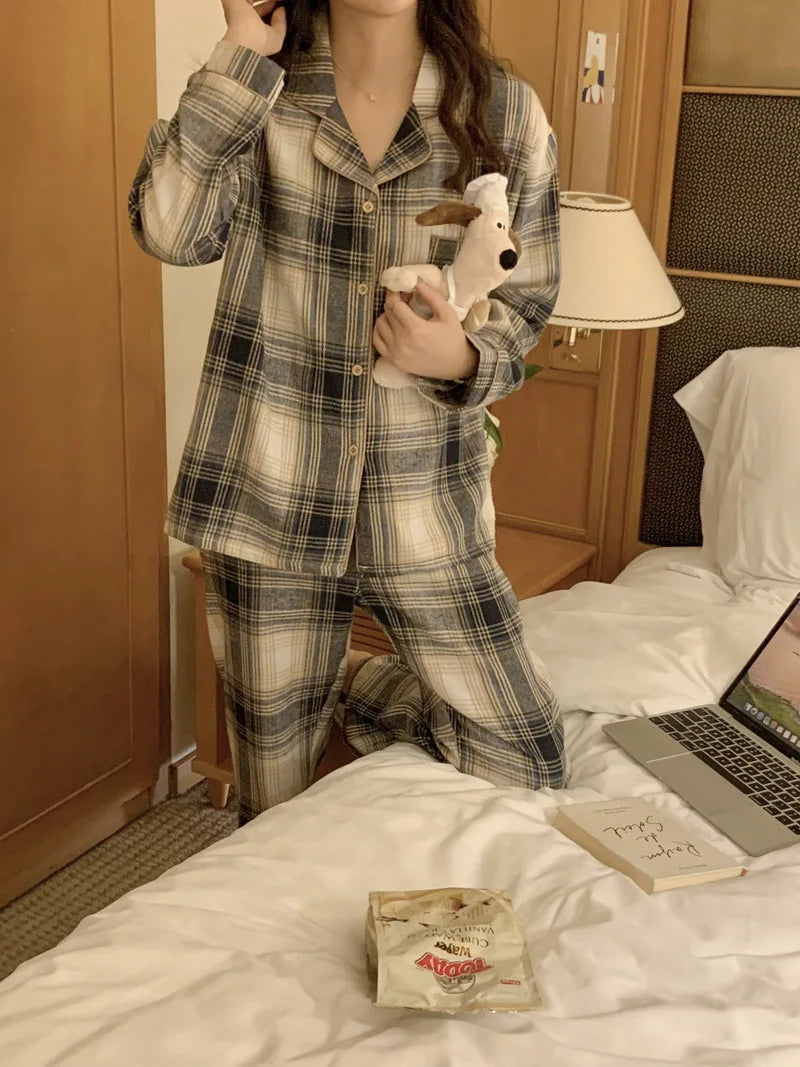 New Women's Pajama Set Fall/Winter Style Long Sleeve Long Pants Gray Plaid Shirt Loungewear Set Can Be Worn Out