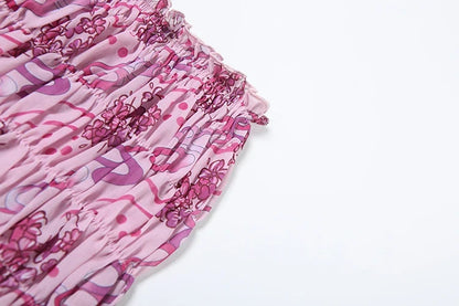 See Through Print Folds 2-Piece Set Women Backless Sleeveless Suspenders+Elasticated Waist Skirts Holiday Matching Suit
