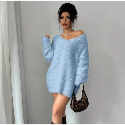 Plush V-neck Knitted Mini Dress Woman Loose Autumn Winter Women's Sweater Soft Above Knee Long Sleeve Solid Casual Dresses Warm