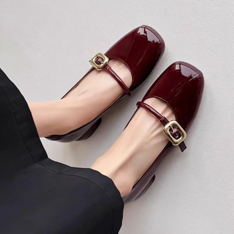 Women's Mary Janes Shoes Patent Leather Dress Shoes Square Toe Pumps Low Heels Big Buckle Spring Autumn Zapatos Mujer 1802N