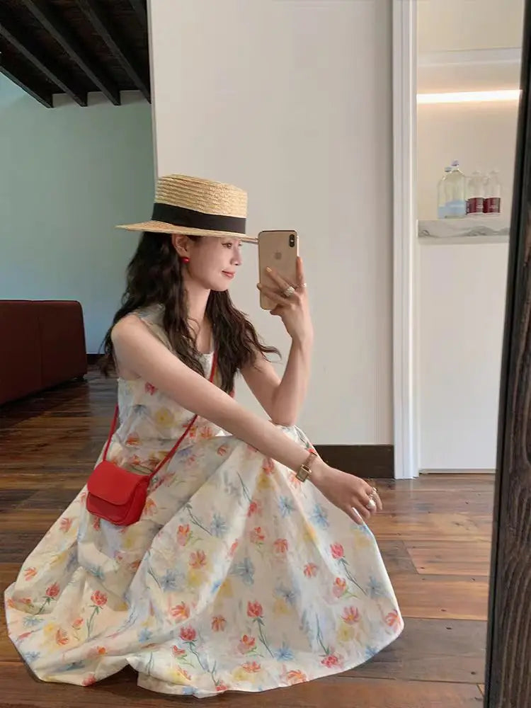 Gradient Floral Print Sleeveless Vest Dress Women's Summer Casual Cotton Long Dress Commute Style A-Line Silhouette
