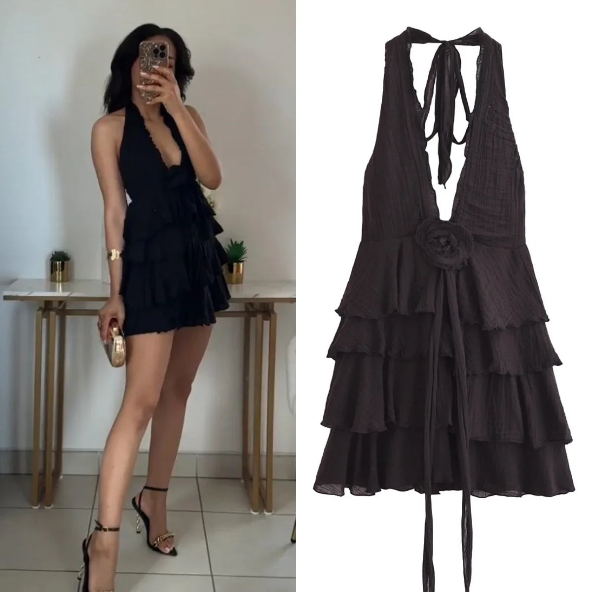 New Women's Fashion Solid Color Versatile Deep V-neck Flower Bow Off the Shoulder Sexy Sleeveless Dress