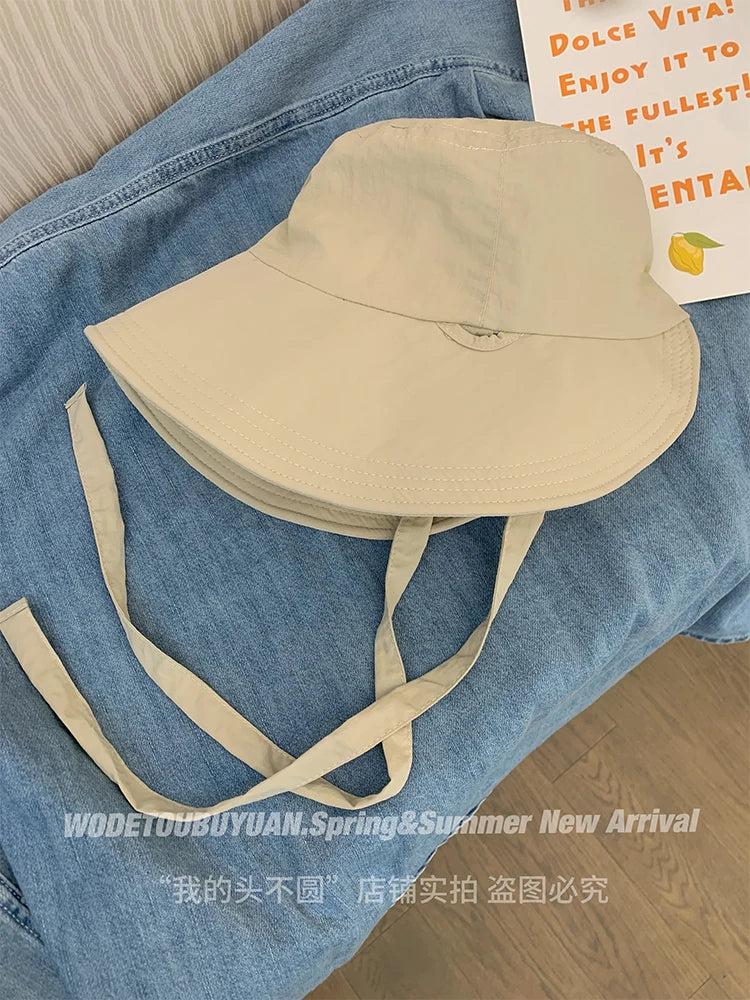 Korean Retro Red Strap Bucket Hats Summer Travel Versatile Sunscreen Show Face Small Sweet Beautiful Women's Caps
