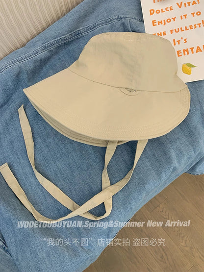 Korean Retro Red Strap Bucket Hats Summer Travel Versatile Sunscreen Show Face Small Sweet Beautiful Women's Caps