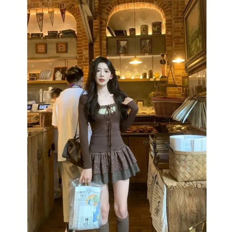 Korean Lace Up Patchwork Sexy Slim Long Sleeved T-shirt Women + Floral Printed Casual Cake Skirt Two-piece Suit Chic