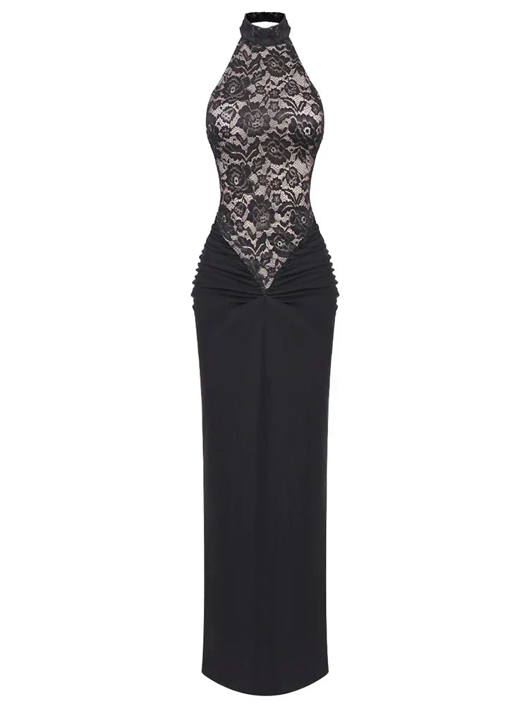 Halter Neck Floral Lace Bodice Column Maxi Dress