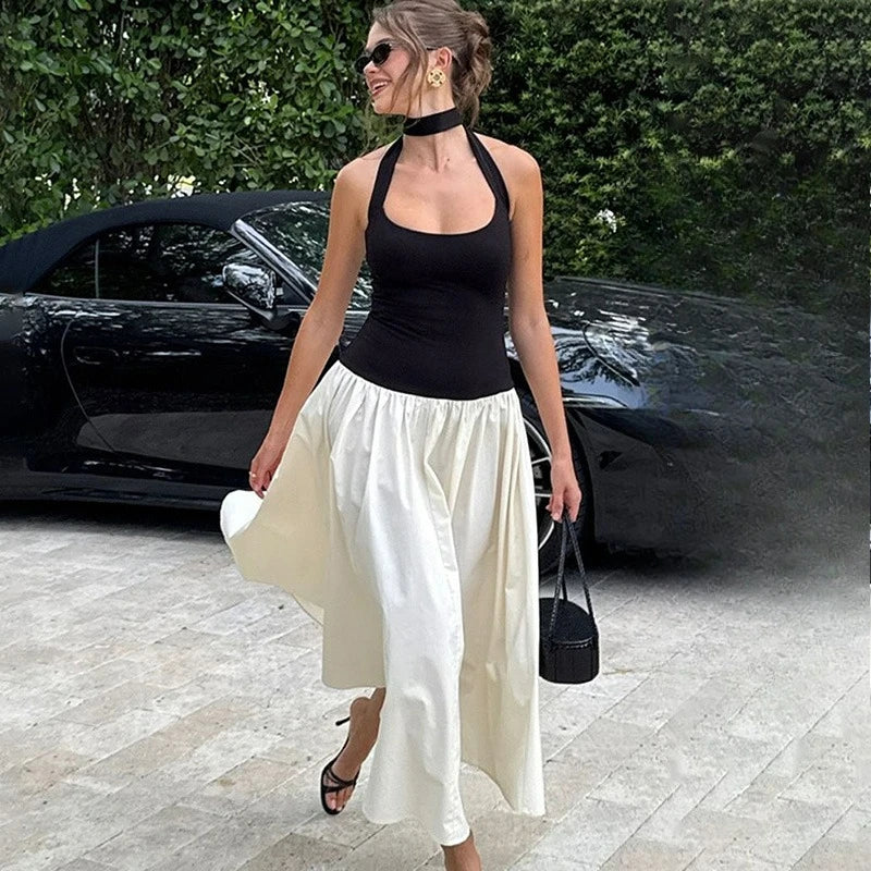 Sexy Contrast Halter Neck Dress Elegant Backless Ruched Patchwork Slim Maxi Dress Fashion Luxury Party Evening Dress