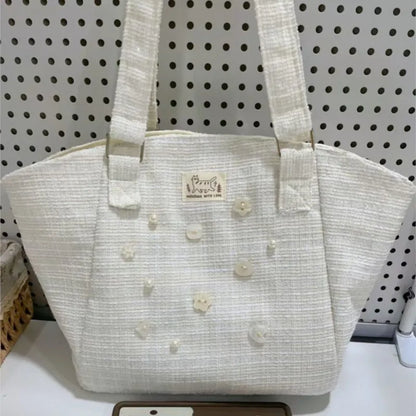 Sweet Button Pearl Shell Bag Women Exquisite White Large Capacity Tote Bag Ladies Elegant Harajuku Commute Shoulder Bags