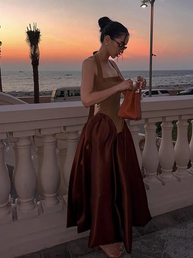 Women Sexy Patchwork Satin Halter Dress Fashion Sleeveless Backless A Line Dresses 2025 Spring New Female High Street Vestidos