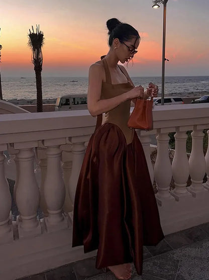 Women Sexy Patchwork Satin Halter Dress Fashion Sleeveless Backless A Line Dresses 2025 Spring New Female High Street Vestidos