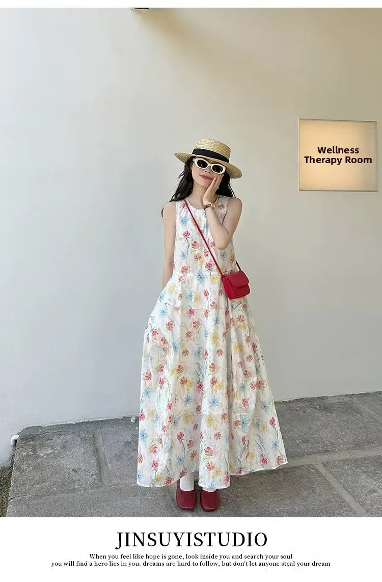Gradient Floral Print Sleeveless Vest Dress Women's Summer Casual Cotton Long Dress Commute Style A-Line Silhouette