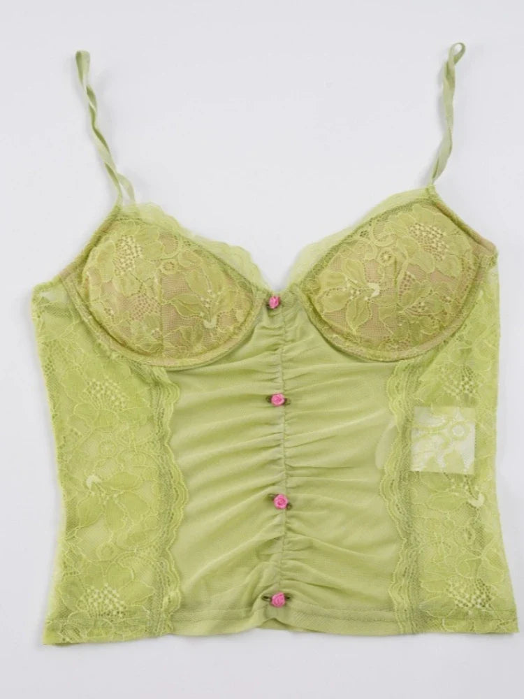 New Women's Lace Patchwork Mesh V Neck Cami Top Sexy 3D Floral Decor See Through Slim Y2K Club Party Streetwear