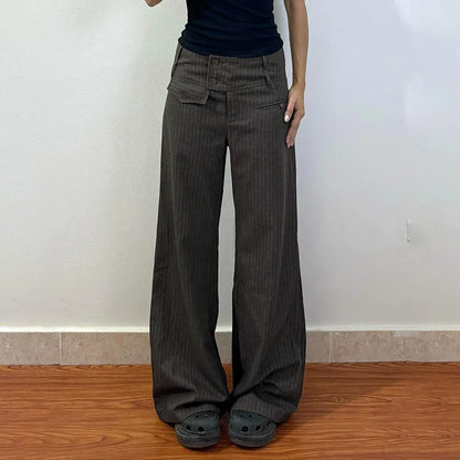 Fall Winter 2025 New Women's Casual Pants Retro Striped Wide-Leg Straight-Cut Pants Elegant Style Low-Waist Drapey Trousers
