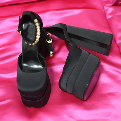 High Quality Satin Women Super High Heels Square Toe Platform Ankle Strap Party Wedding Shoes Mary Jane Chunky Heel Shoes