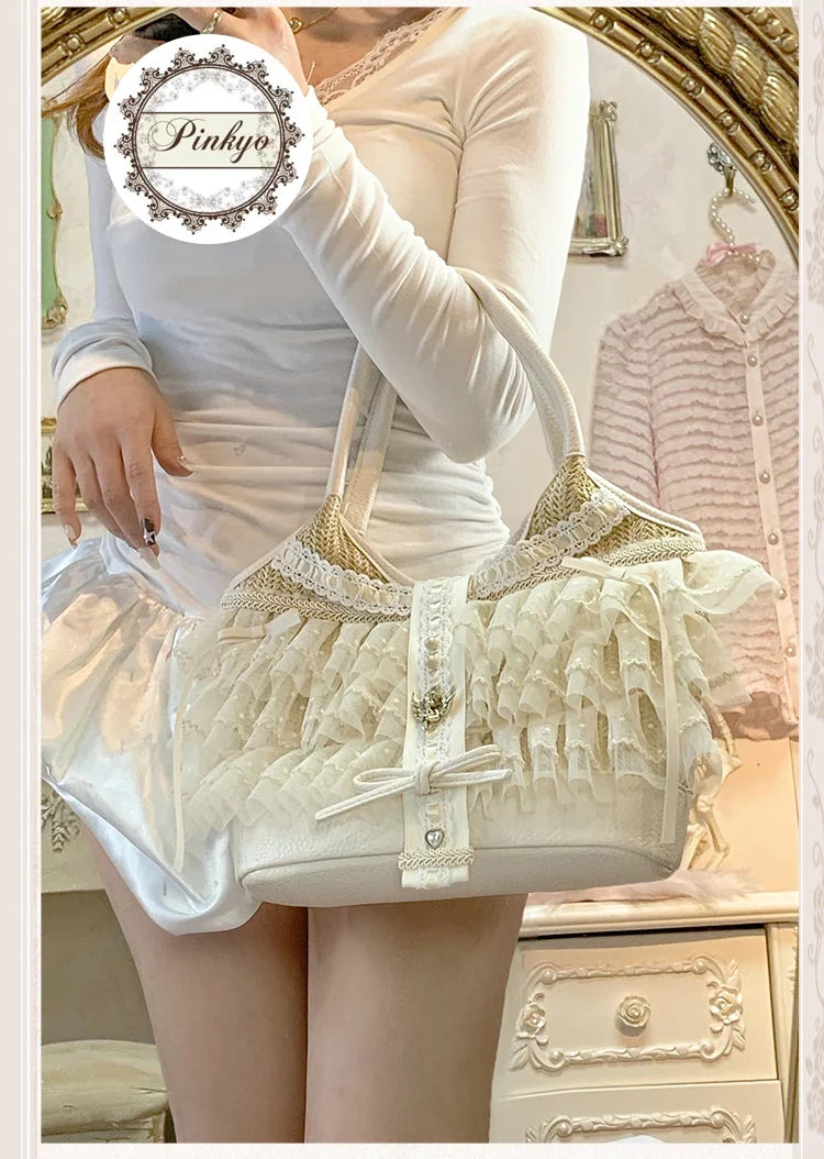 Elegant Lady Japanese Original Lolita Lace Ribbon Bow Handbag Vacation Style Sweet Cute Doll Daily Commuter Versatile Tote Bag