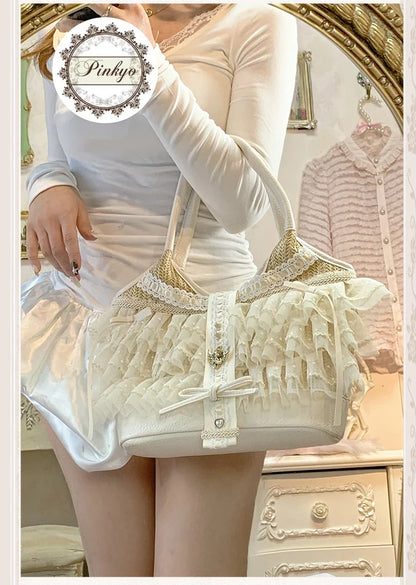 Elegant Lady Japanese Original Lolita Lace Ribbon Bow Handbag Vacation Style Sweet Cute Doll Daily Commuter Versatile Tote Bag
