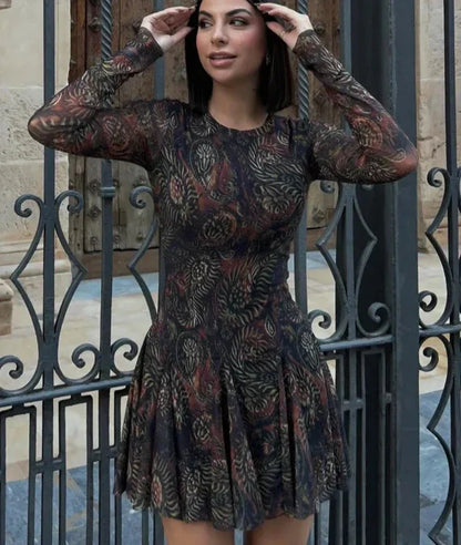Crew Neck Long Sleeve Paisley Print Pleated Flare Mini Dress