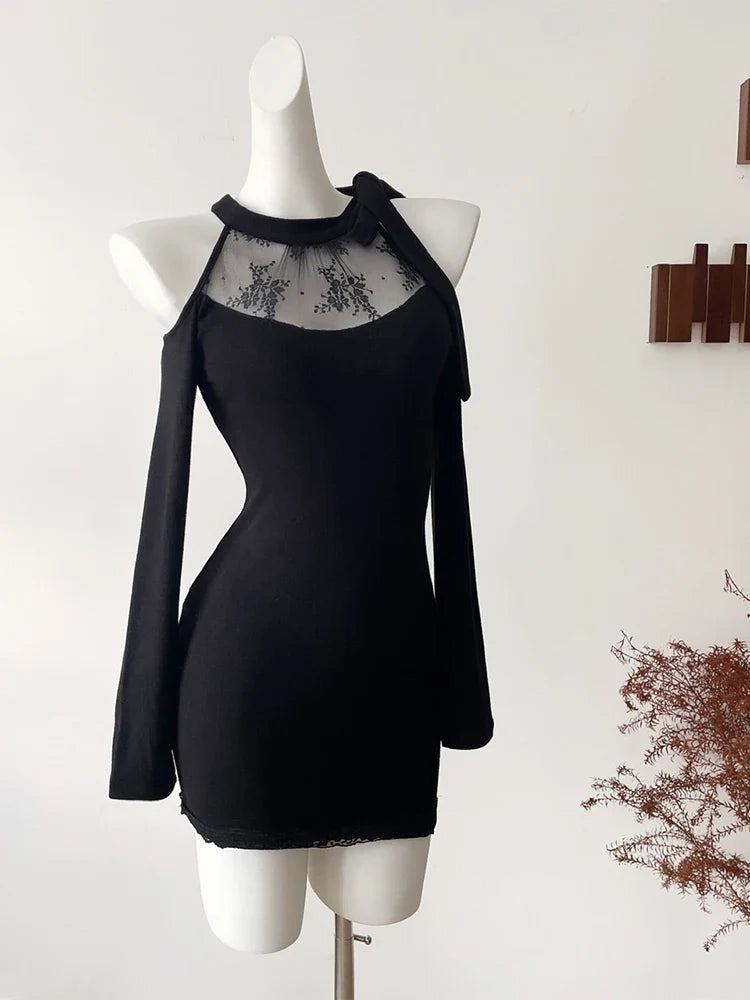 Women Black Gothic Bodycon Evening Dress Vintage Off Shoulder Long Sleeve Long Luxury Dresses Y2k One Piece Frocks 2000s Clothes