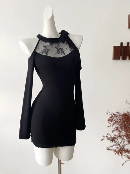 Women Black Gothic Bodycon Evening Dress Vintage Off Shoulder Long Sleeve Long Luxury Dresses Y2k One Piece Frocks 2000s Clothes