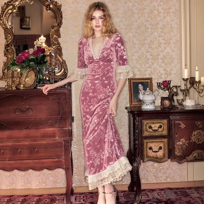 Lace Print Long Dress Women's Elegant V Neck Luxury Party Evening Gown High Waist Vintage Y2k Patchwork Dress Robe