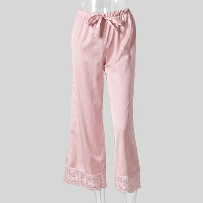 Lace Satin Patchwork Pants Solid Color Lace Up Elastic Waist Women's Casual Lace Bottom Wide Leg Pants Daily Chic Outfit