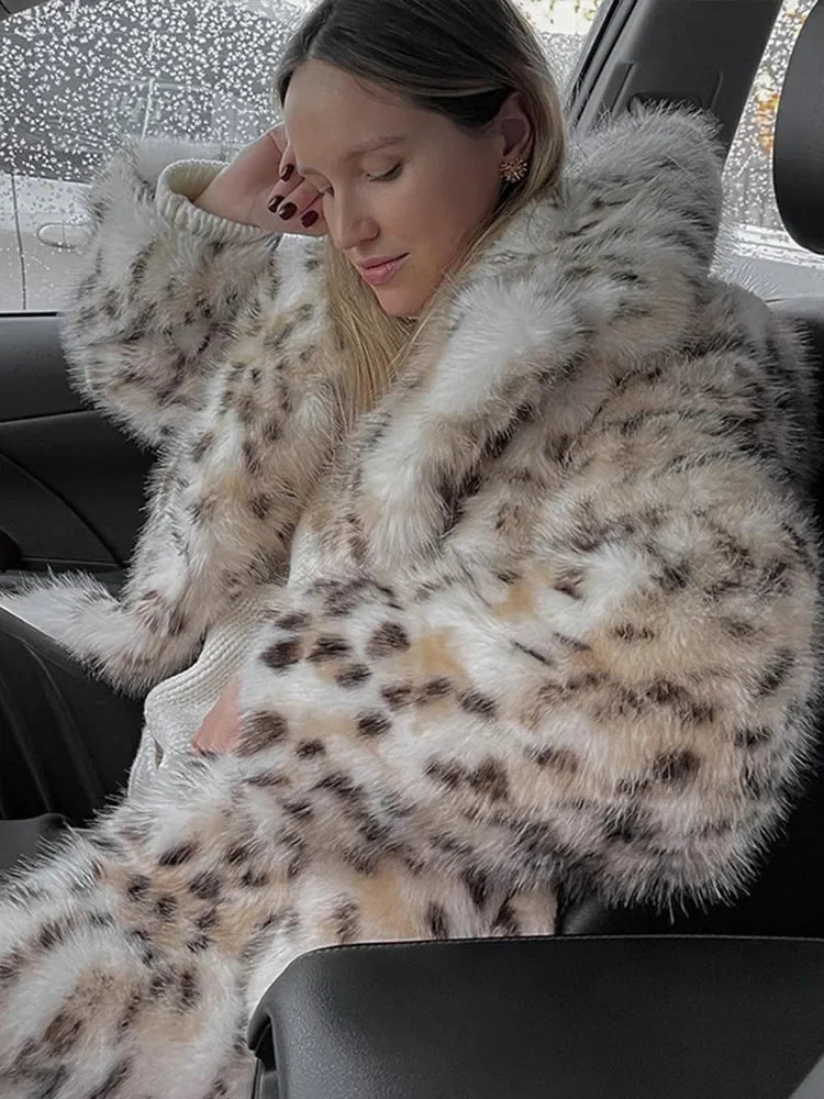 Women Fashion Leopard Faux Fur Jacket Coat Long Sleeve Front Snap-button Female Outerwear Chic Lapel Collar Thick Coats