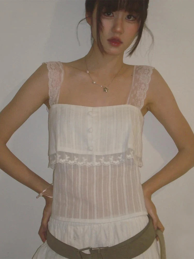 Solid White Lace Strap Cami Tops Women Chic Button Front Sheer Layered Sleeveless Short Sweet Vests Lady Trendy Daily Wear New