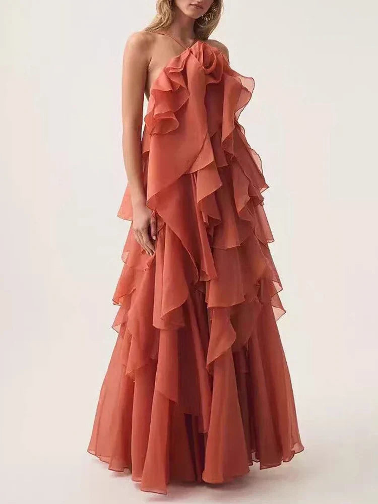 Halter Tiered Ruffle Cascading Flounce Maxi Gown