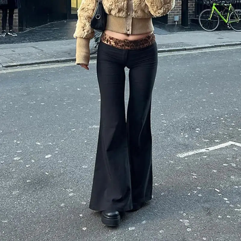Leopard Print Patchwork Low Waist Flared Pants For Women To Slim Down Fashionable 2024 Spring Casual Solid Color Trousers