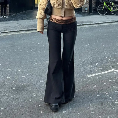 Leopard Print Patchwork Low Waist Flared Pants For Women To Slim Down Fashionable 2024 Spring Casual Solid Color Trousers