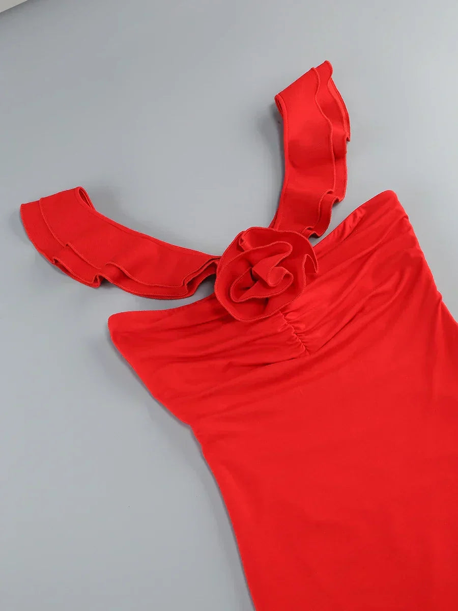Strapless Cascading Ruffle Flower Rosette Column Maxi Dress