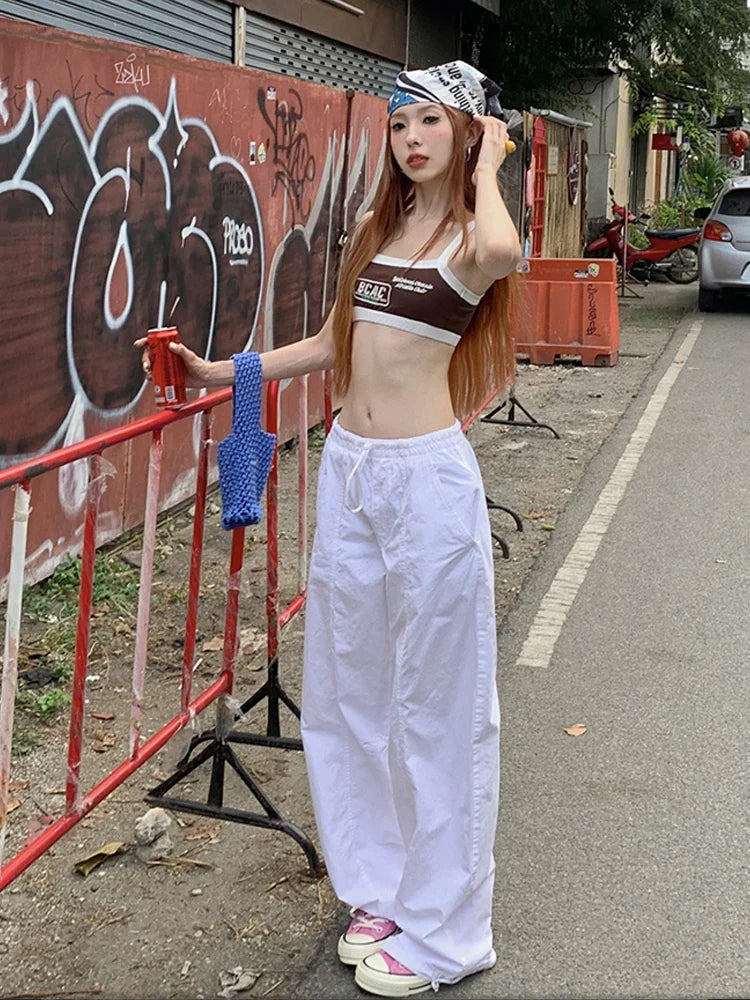 Casual Baggy Wide Leg Sweatpants White Loose Drawstring Low Waist Streetwear Cargo Pants Womens Hippie Joggers Trousers