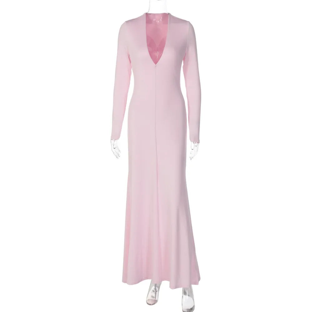 Women's Long Sleeve Deep V-Neck Bodycon Dress Solid Color Slim High Waist Fall Winter Elegant Maxi Dress for Party Club