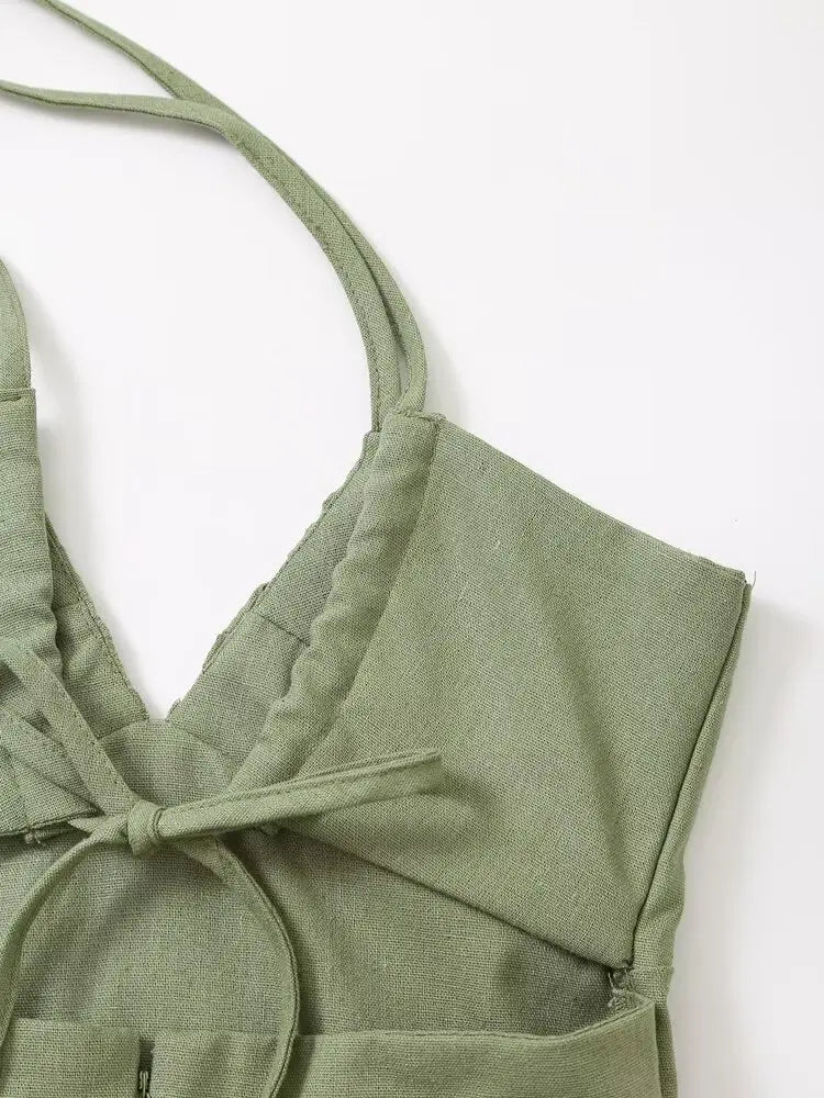 V-neck Green Slip Sexy Backless Dress For Summer Slim Slit Vacation Beach Long Dress Cotton Linen Blend Woman Clothing