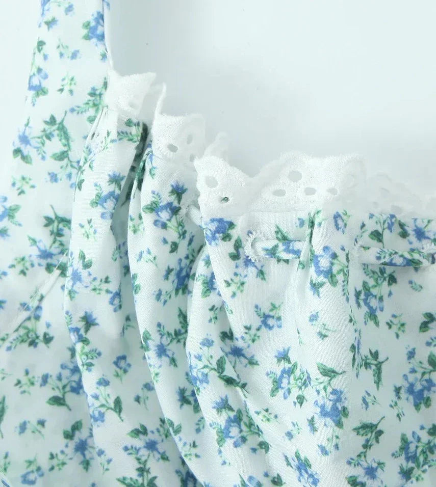 Halter Sweetheart Ruffle Trim Ditsy Floral Fit and Flare Midi Dress