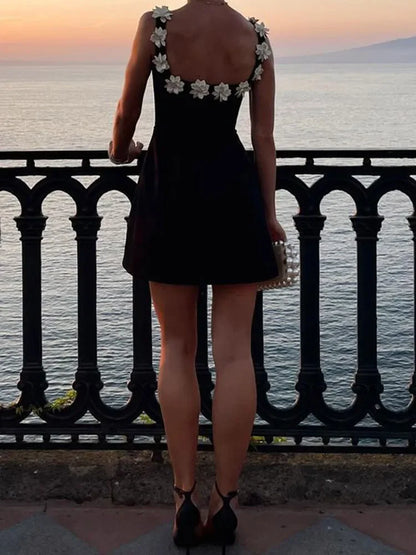 Elegant 3d Flower Women's Mini Dress Summer Sexy Backless Square Collar Sleeveless A-line Dress 2024 Lady Club Evening Robe