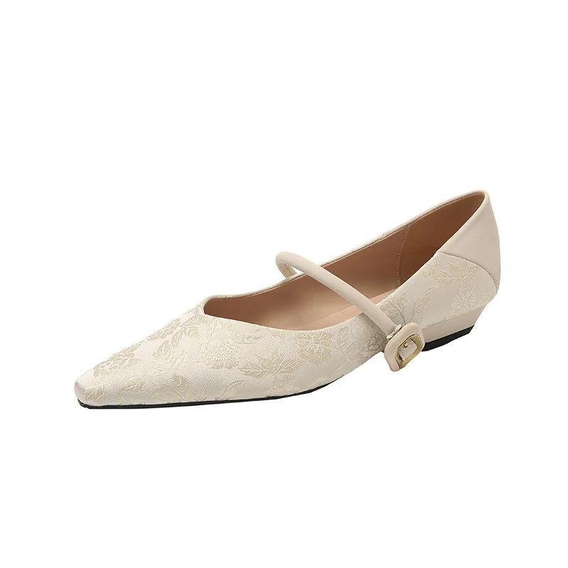 New High Grade Satin Shallow Mouth Flat Bottom Single Shoes Retro Pointed Straight Straw Women's Shoes