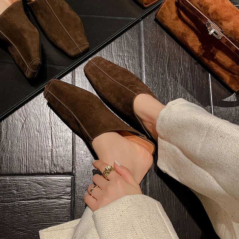 New Genuine Kid Suede Low Heels Slippers Women Covered Toe Natural Leather Casual Slippers Female Daily Walk Slippers
