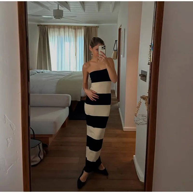 Elegant Striped Knit Cardigan Dress Women Outfit Long Sleeve Button Jacket Tube Sleeveless Dresses Spring Autumn Lady Set