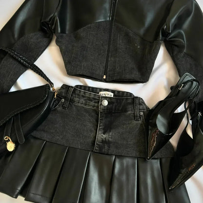 Y2K Suspender Leather Short Skirt Two Piece Set Feminine Lace Personalized Design Punk Motorcycle Style Mini Leather Skirt Suit