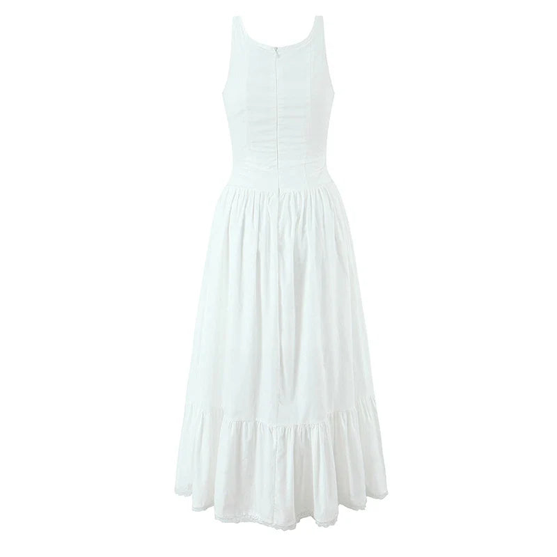 Women Bow O Neck Sleeveless Floral Print Boho Dresses Front Lace Up A-line Midi Summer Dress Chic Lady Holiday Party Robe