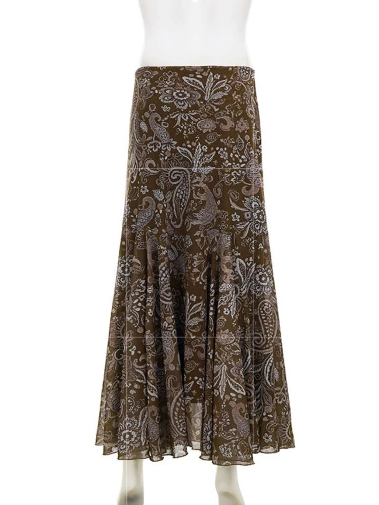 Women's Vintage Brown Floral Print Maxi Skirt New Spring Summer Retro Style A Line Long Skirt Casual Boho Outfit No Belt