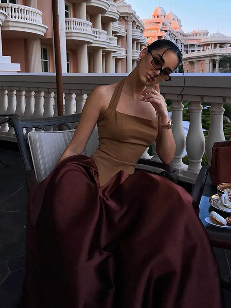 Women Sexy Patchwork Satin Halter Dress Fashion Sleeveless Backless A Line Dresses 2025 Spring New Female High Street Vestidos