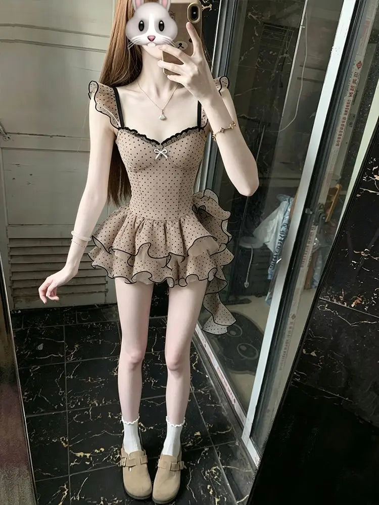 French Style Celebrity Polka Dot Mesh Sling Dress Ball Gown Elegant Slim Waist Vestidos Pure Desire Premium Age Reduction Robe