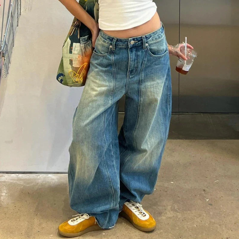 Vintage Oversized Blue Jeans Woman Y2k Casual America Retro Baggy Denim Pants Basic Harajuku Wide Leg Trousers Summer