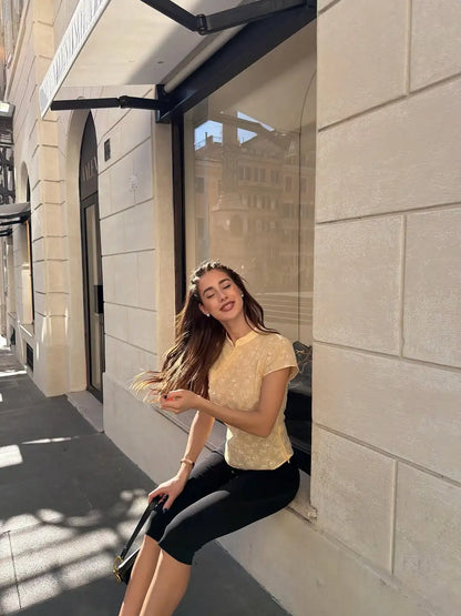 Short Sleeve New Chinese Style Embroidered Top Women Yellow Mandarin Collar Slim Fit Tops Spring Elegant Casual Blouse
