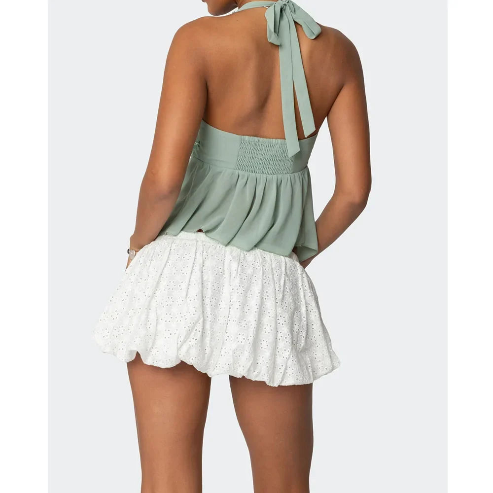 Pearl Embellished Sequins Halter Backless Cami Top